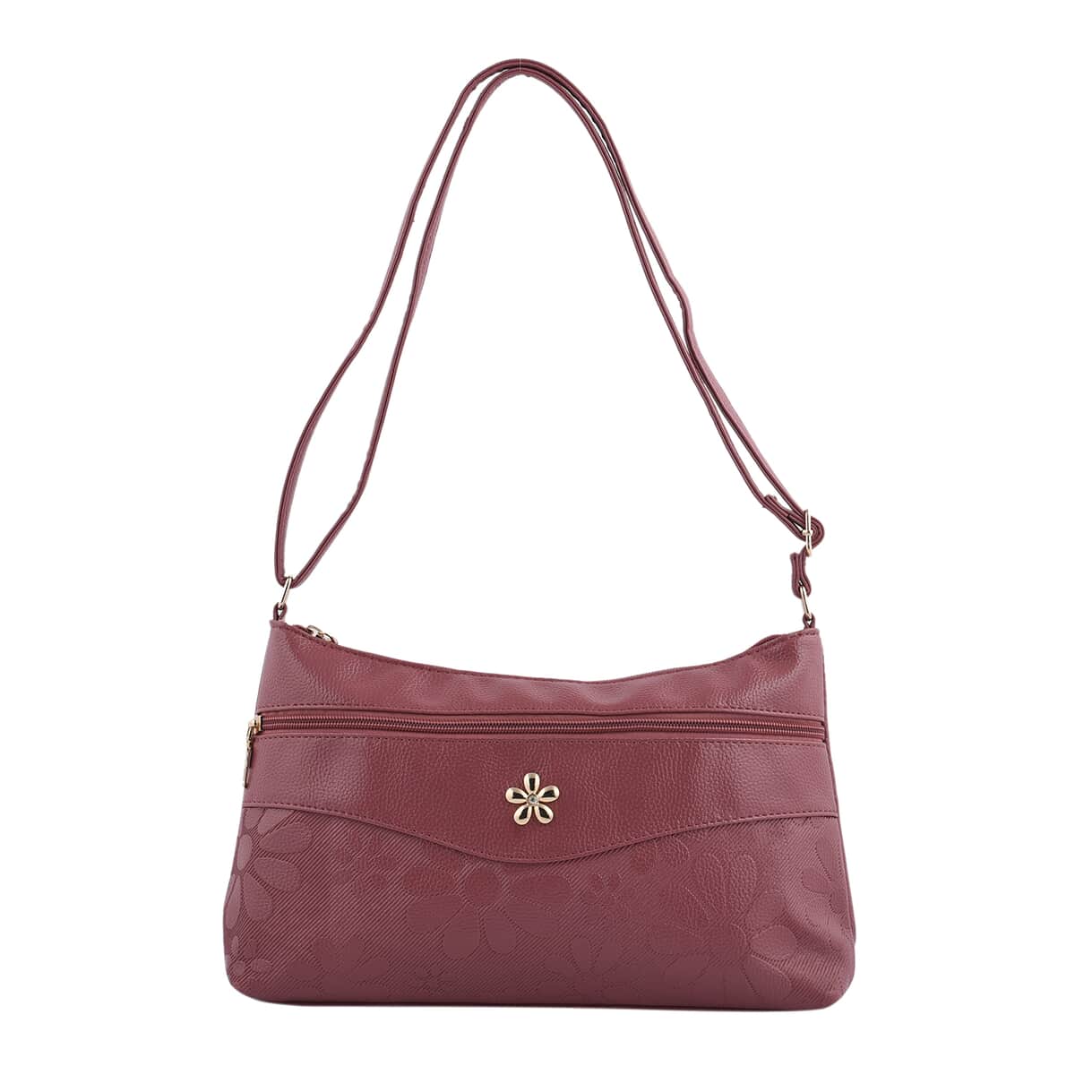 Pink Faux Leather Crossbody Bag with Metal Flower and Adjustable Shoulder Strap image number 0