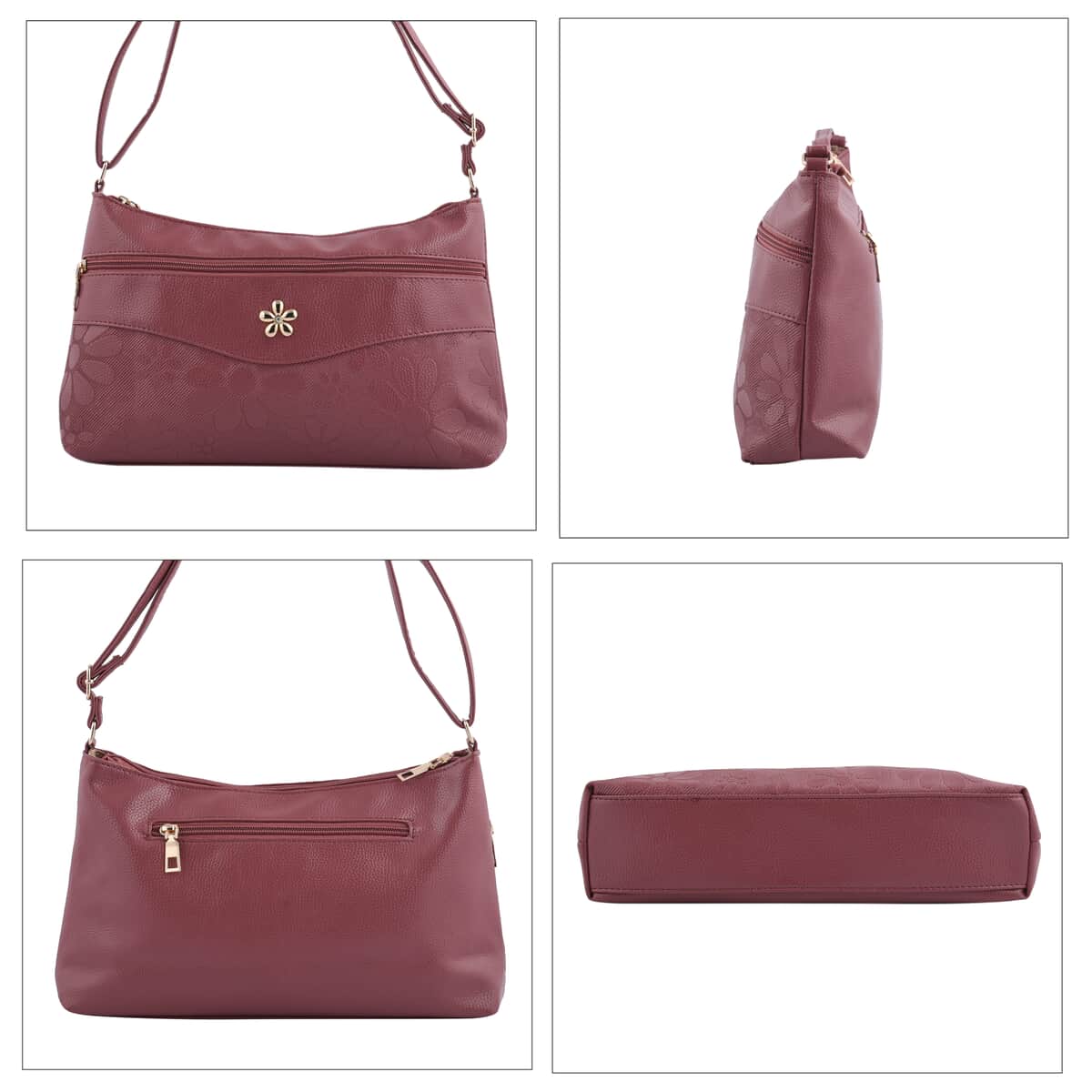 Pink Faux Leather Crossbody Bag with Metal Flower and Adjustable Shoulder Strap image number 3