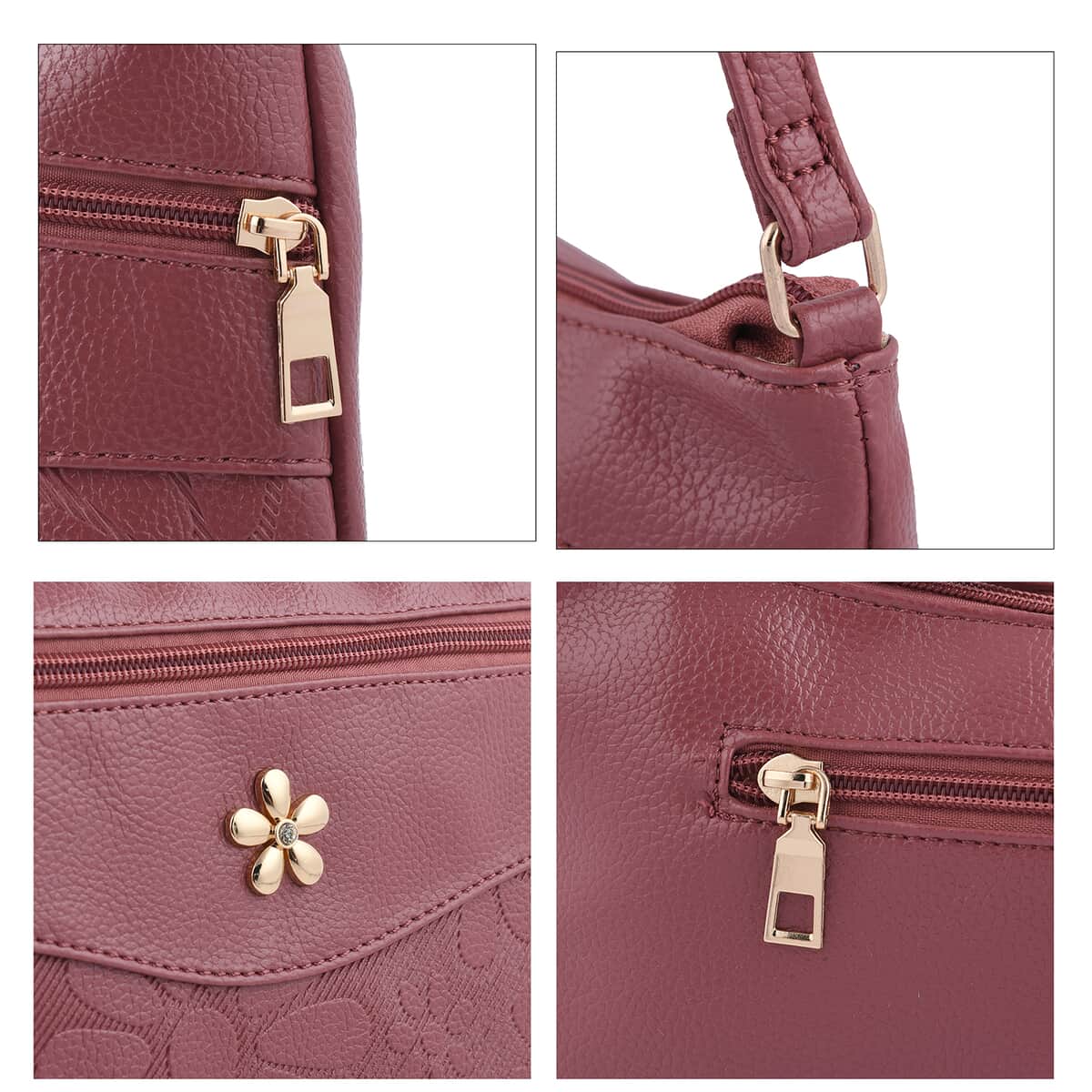 Pink Faux Leather Crossbody Bag with Metal Flower and Adjustable Shoulder Strap image number 4