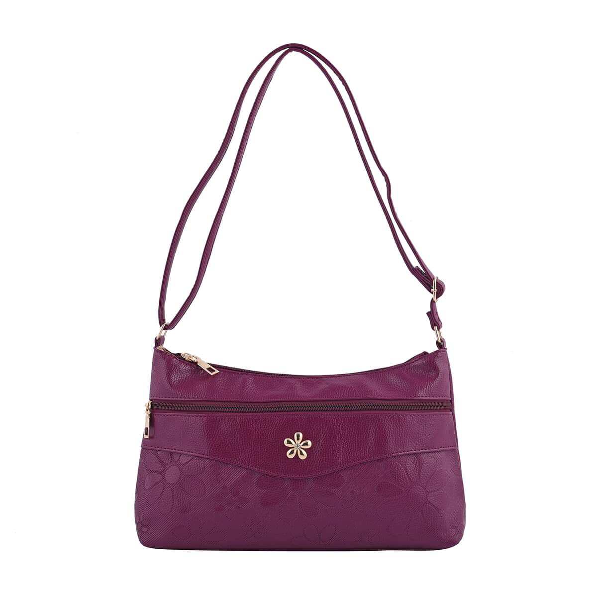 Purple Faux Leather Crossbody Bag with Metal Flower and Adjustable Shoulder Strap image number 0