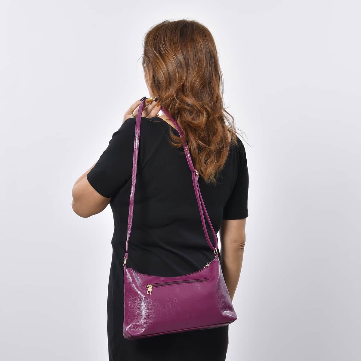 Purple Faux Leather Crossbody Bag with Metal Flower and Adjustable Shoulder Strap image number 2