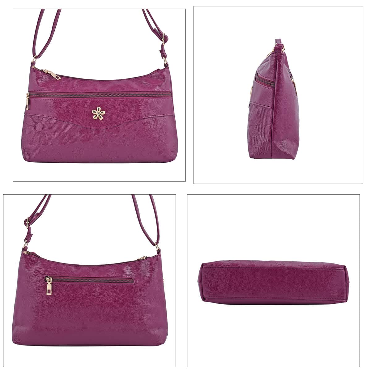 Purple Faux Leather Crossbody Bag with Metal Flower and Adjustable Shoulder Strap image number 3