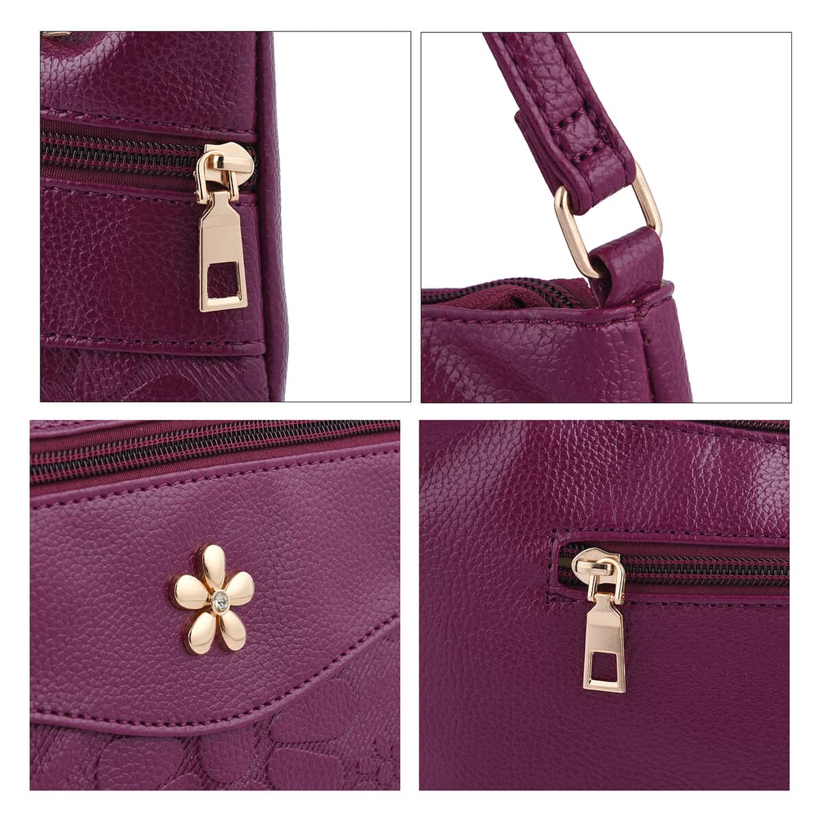 Purple Faux Leather Crossbody Bag with Metal Flower and Adjustable Shoulder Strap image number 4