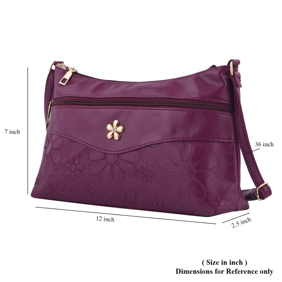 Purple Faux Leather Crossbody Bag with Metal Flower and Adjustable Shoulder Strap image number 6