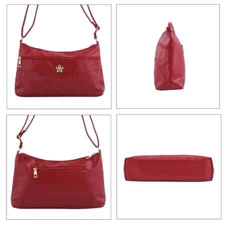 Red Faux Leather Crossbody Bag with Metal Flower and Adjustable Shoulder Strap , Shop LC