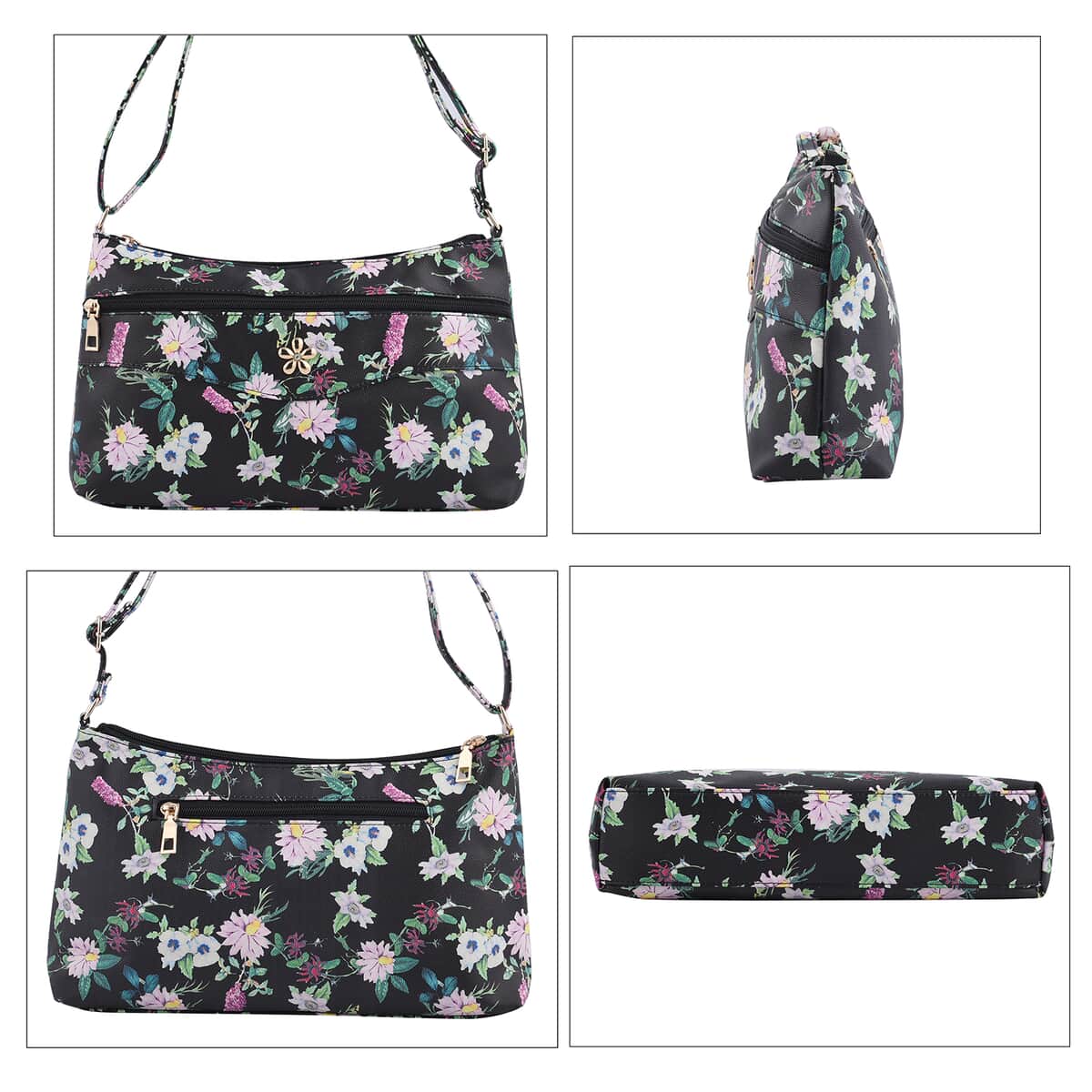 Black Flower Pattern Faux Leather Crossbody Bag with Metal Flower (12"x2.5"x7") and Adjustable Shoulder Strap image number 3