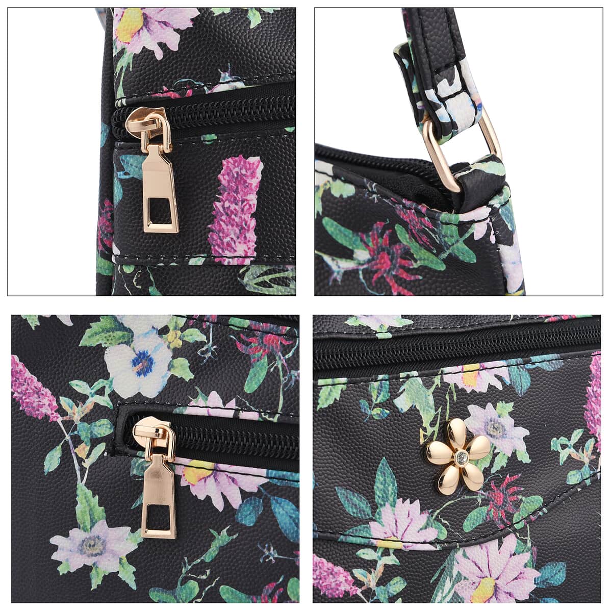 Black Flower Pattern Faux Leather Crossbody Bag with Metal Flower (12"x2.5"x7") and Adjustable Shoulder Strap image number 4