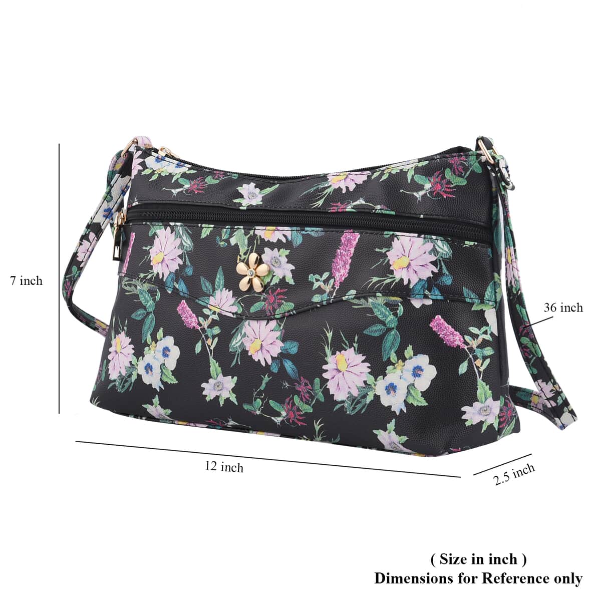 Black Flower Pattern Faux Leather Crossbody Bag with Metal Flower (12"x2.5"x7") and Adjustable Shoulder Strap image number 6