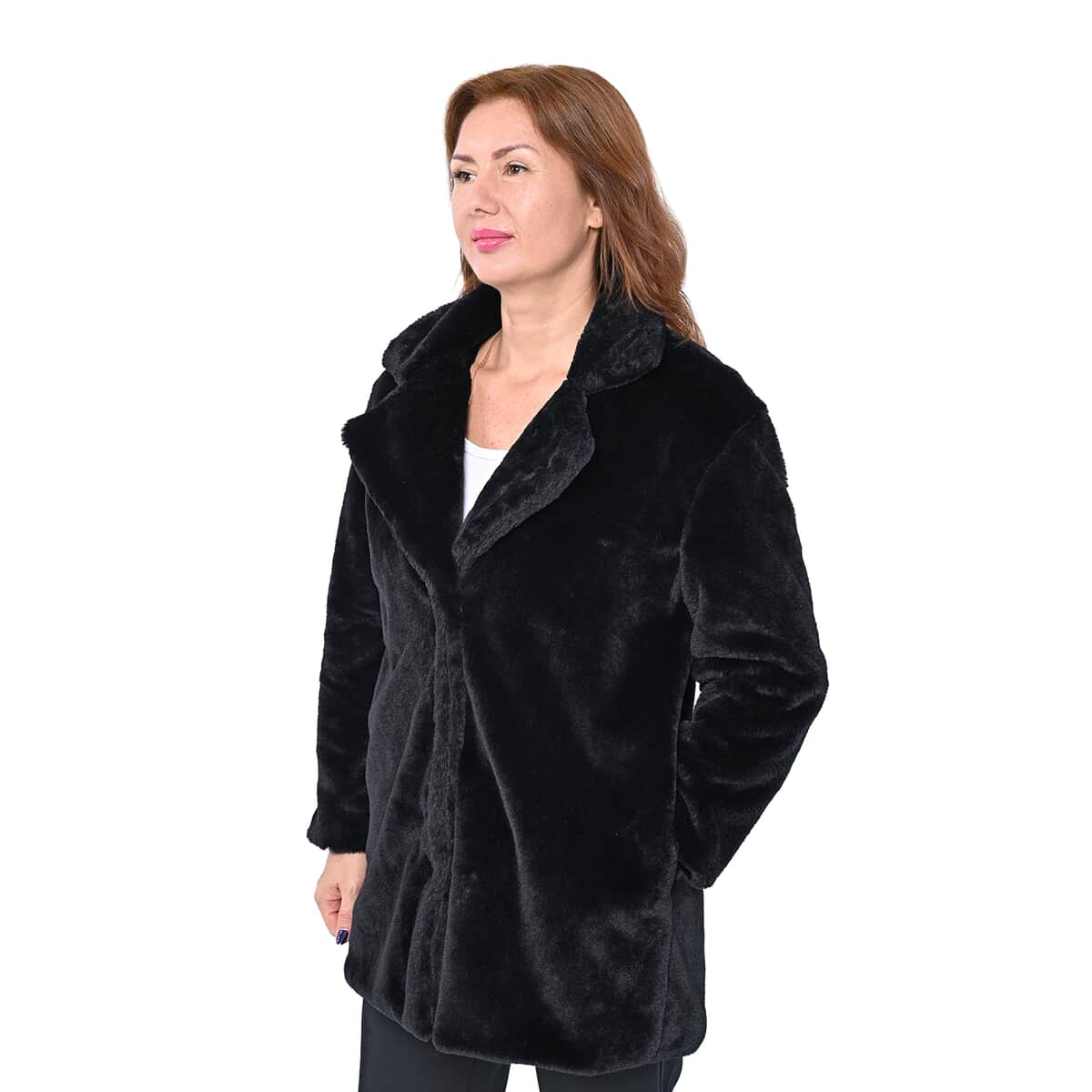 Passage Solid Black Faux Fur Oversized Coat For women - L image number 2