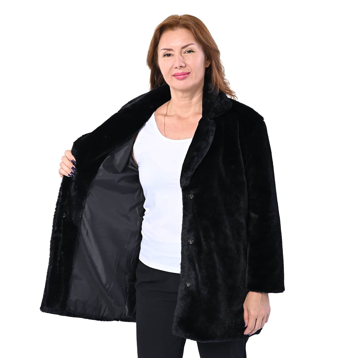 Passage Solid Black Faux Fur Oversized Coat For women - L image number 3