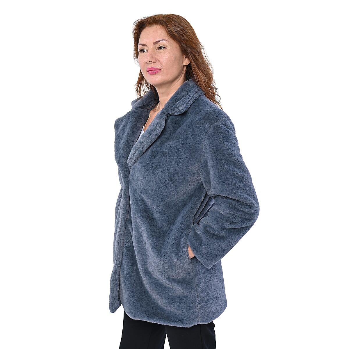 Passage Solid Dark Gray Faux Fur Oversized Coat For women - L image number 2