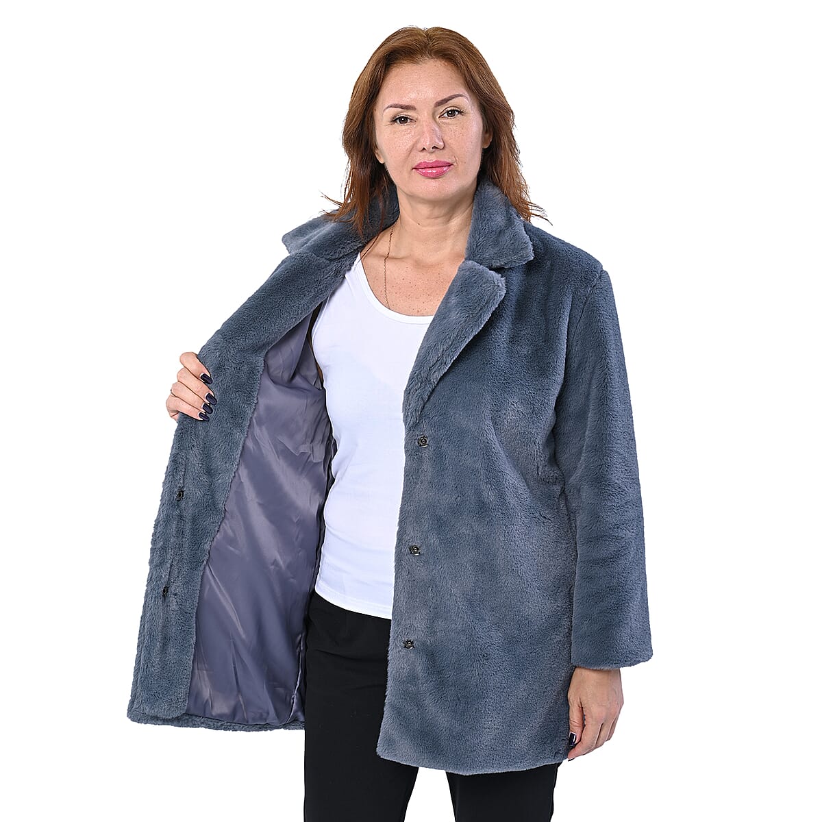 Passage Solid Dark Gray Faux Fur Oversized Coat For women - L image number 3