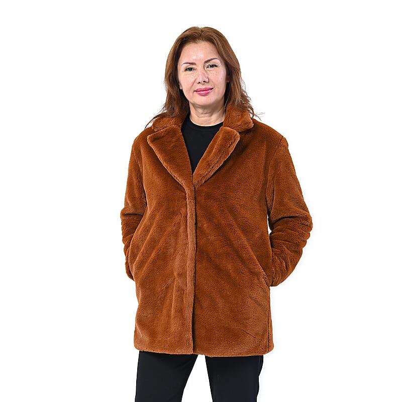 Passage Solid Tan Faux Fur Oversized Coat For women - L