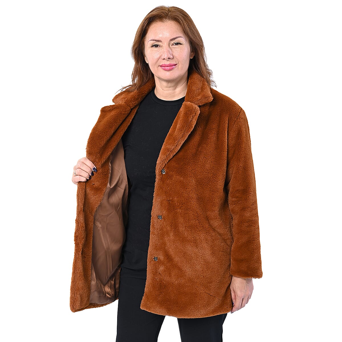 Passage Solid Tan Faux Fur Oversized Coat For women - L image number 3