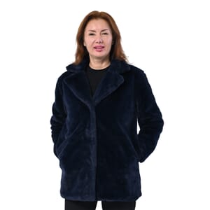 Passage Solid Navy Blue Faux Fur Oversized Coat For women - L