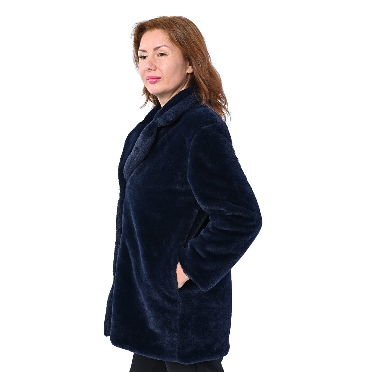 Passage Solid Navy Blue Faux Fur Oversized Coat For women - L image number 2