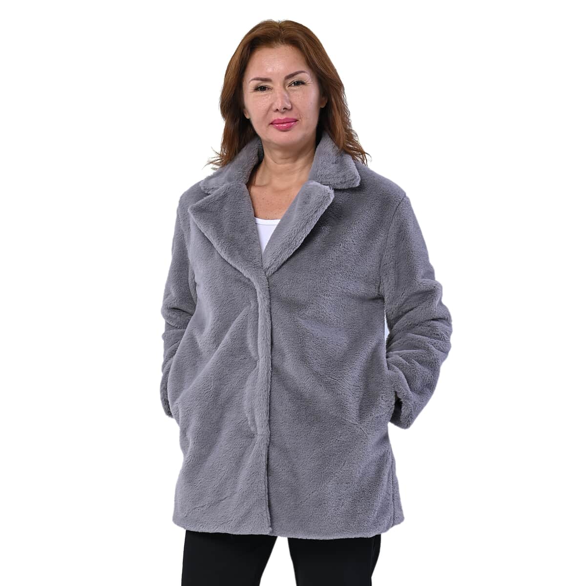 Passage Solid Light Gray Faux Fur Oversized Coat For women - M image number 0