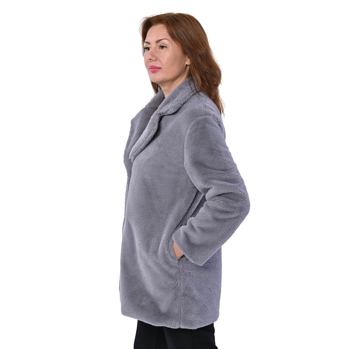 Passage Solid Light Gray Faux Fur Oversized Coat For women - M image number 2