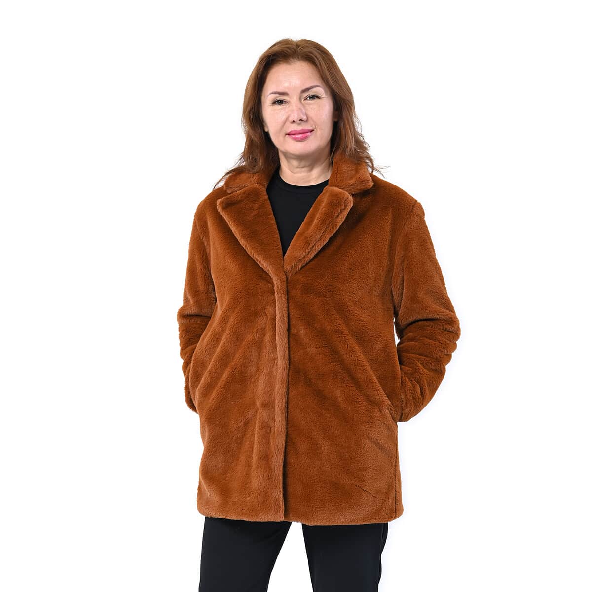 Passage Solid Tan Faux Fur Oversized Coat For women - XL image number 0