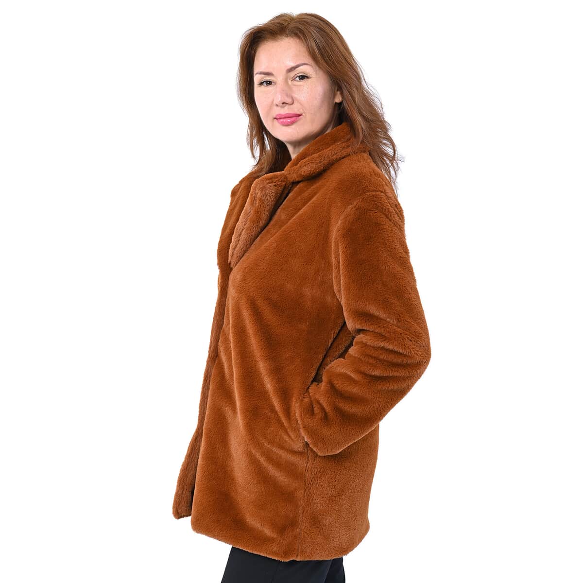 Passage Solid Tan Faux Fur Oversized Coat For women - XL image number 2