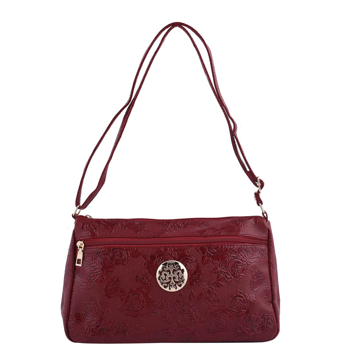 Red Rose Embossed Pattern Faux Leather Crossbody Bag With Adjustable Shoulder Strap image number 0