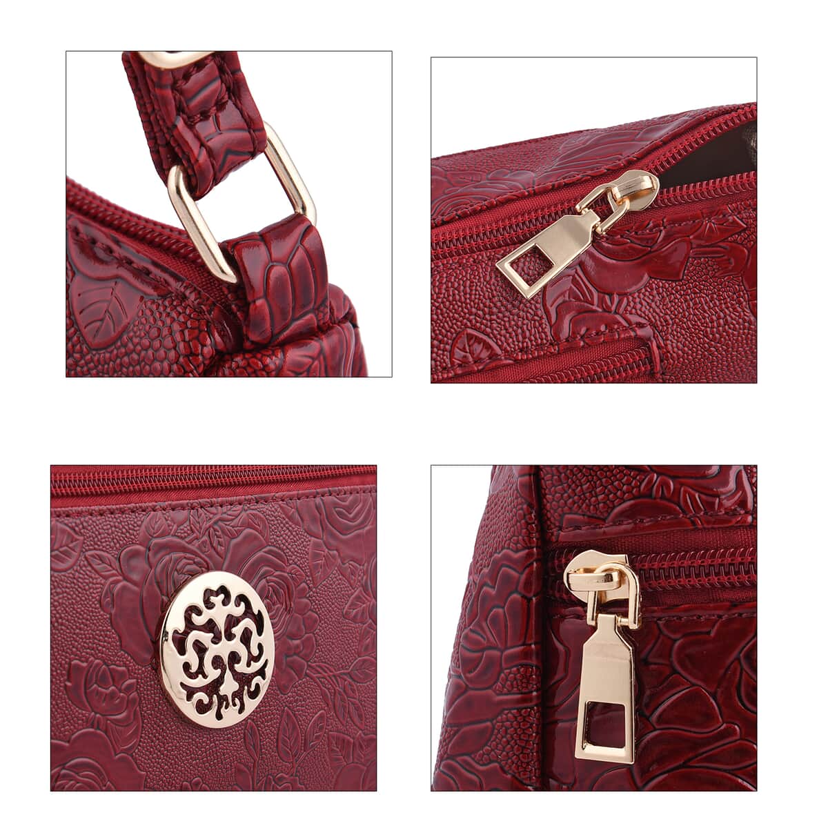 Red Rose Embossed Pattern Faux Leather Crossbody Bag With Adjustable Shoulder Strap image number 4