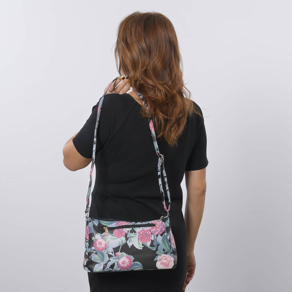 Black Floral Embossed Pattern Faux Leather Crossbody Bag (12"x2.5"x7") With Adjustable Shoulder Strap image number 2