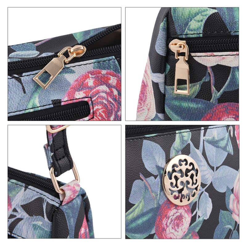 Black Floral Embossed Pattern Faux Leather Crossbody Bag for Women With Adjustable Shoulder Strap | Shoulder Purse | Crossbody Handbags | Designer Crossbody