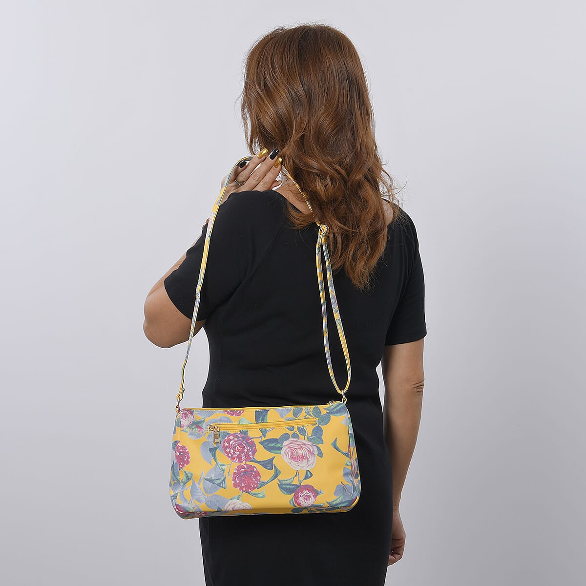Yellow Floral Embossed Pattern Faux Leather Crossbody Bag for Women With Adjustable Shoulder Strap | Shoulder Purse | Crossbody Handbags | Designer Crossbody image number 2