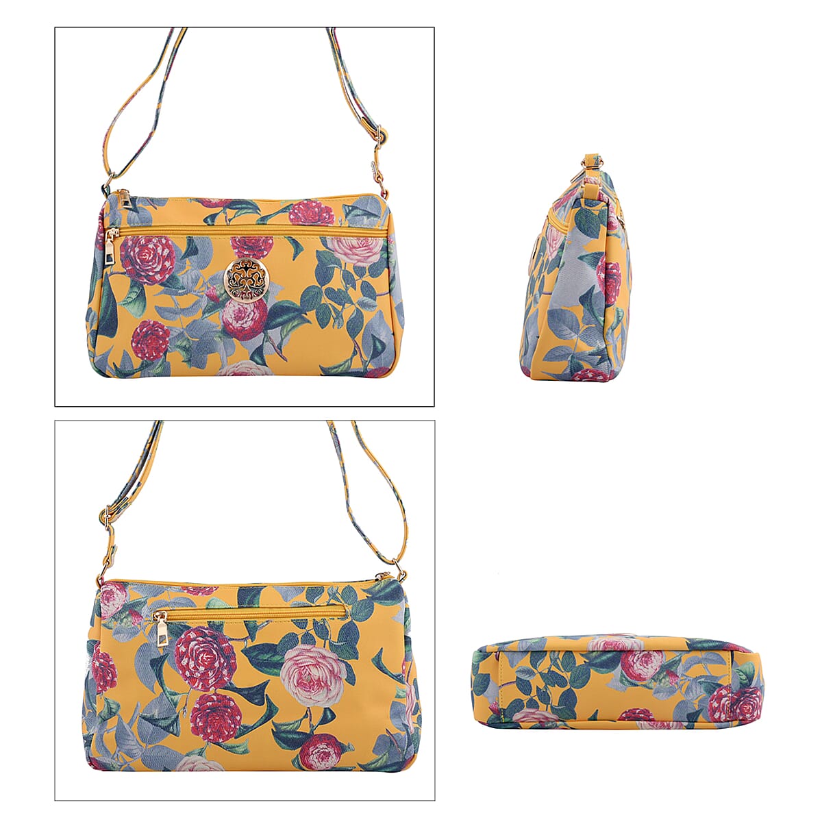 Yellow Floral Embossed Pattern Faux Leather Crossbody Bag for Women With Adjustable Shoulder Strap | Shoulder Purse | Crossbody Handbags | Designer Crossbody image number 3