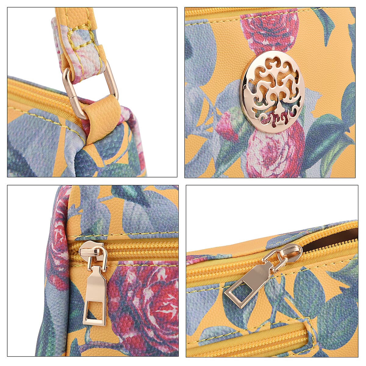 Yellow Floral Embossed Pattern Faux Leather Crossbody Bag for Women With Adjustable Shoulder Strap | Shoulder Purse | Crossbody Handbags | Designer Crossbody image number 4