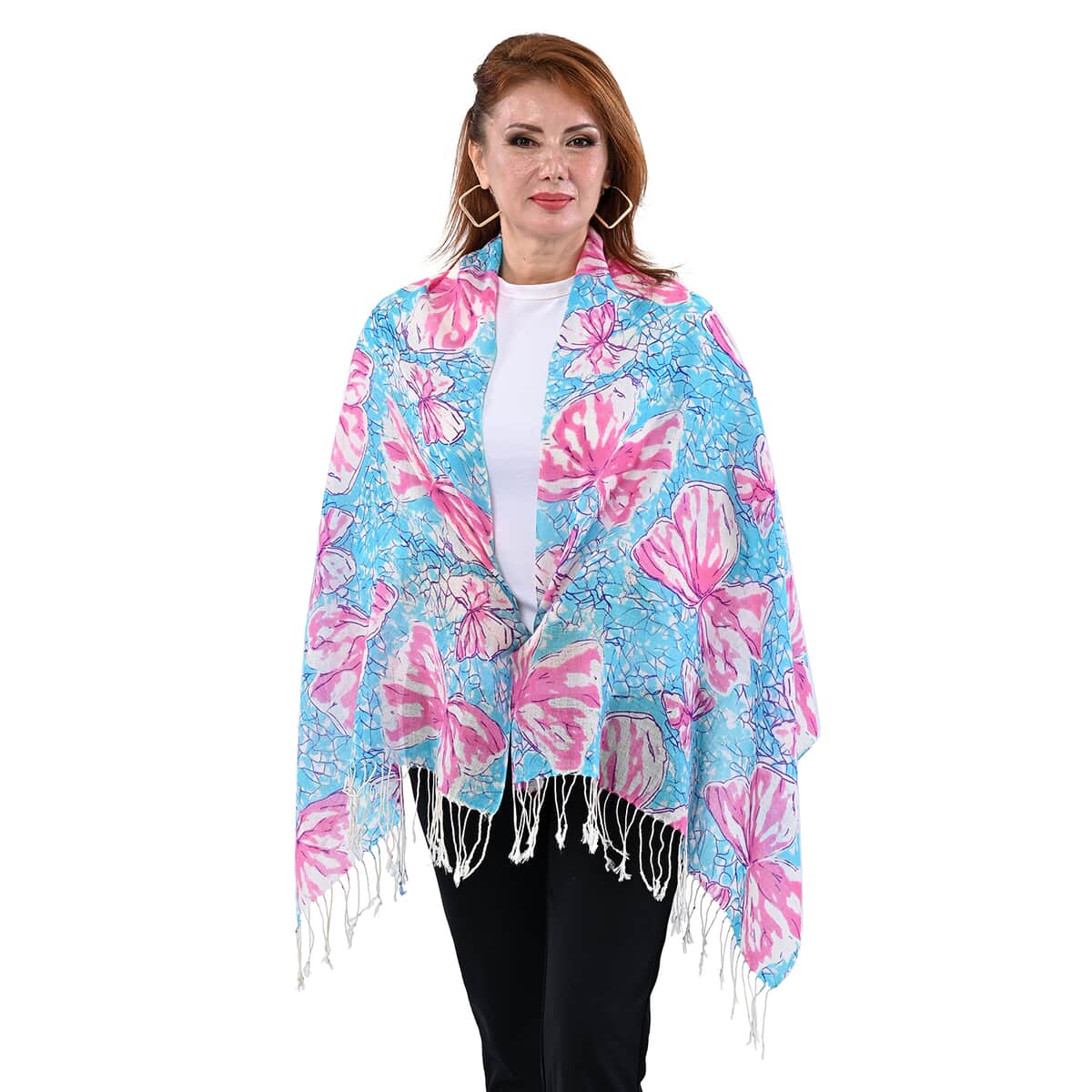 PASSAGE Light Blue with Fuchsia Print 100% Wool Scarf with Tassels image number 0