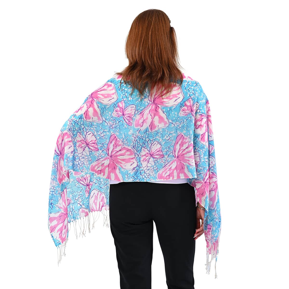 PASSAGE Light Blue with Fuchsia Print 100% Wool Scarf with Tassels image number 1
