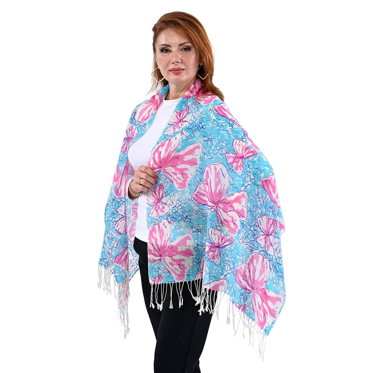 PASSAGE Light Blue with Fuchsia Print 100% Wool Scarf with Tassels image number 2