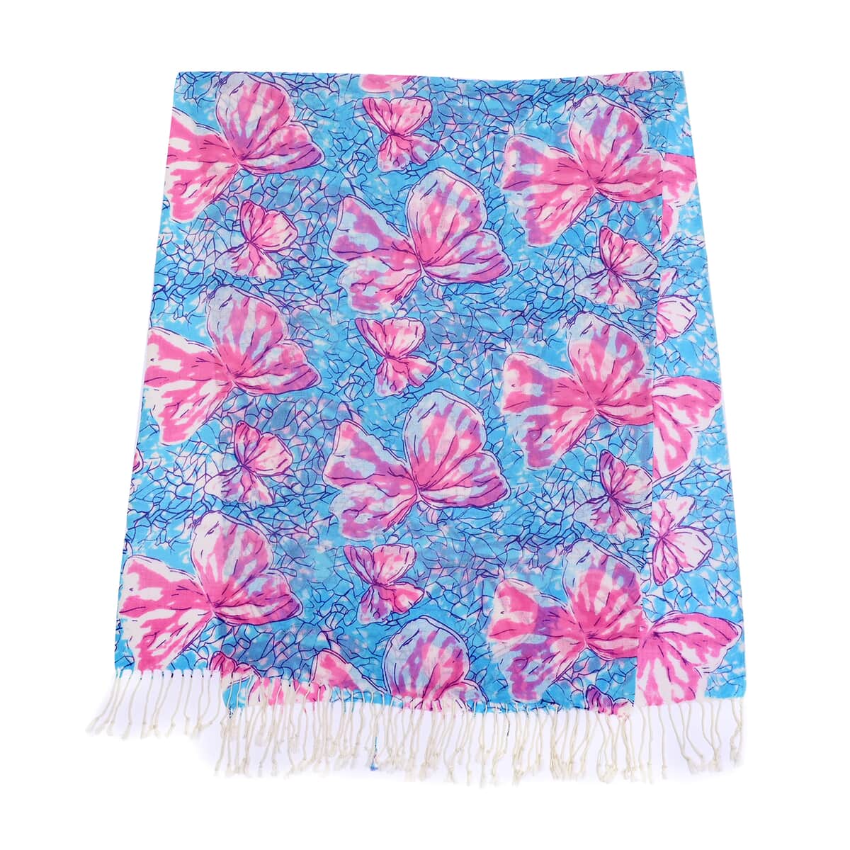 PASSAGE Light Blue with Fuchsia Print 100% Wool Scarf with Tassels image number 3
