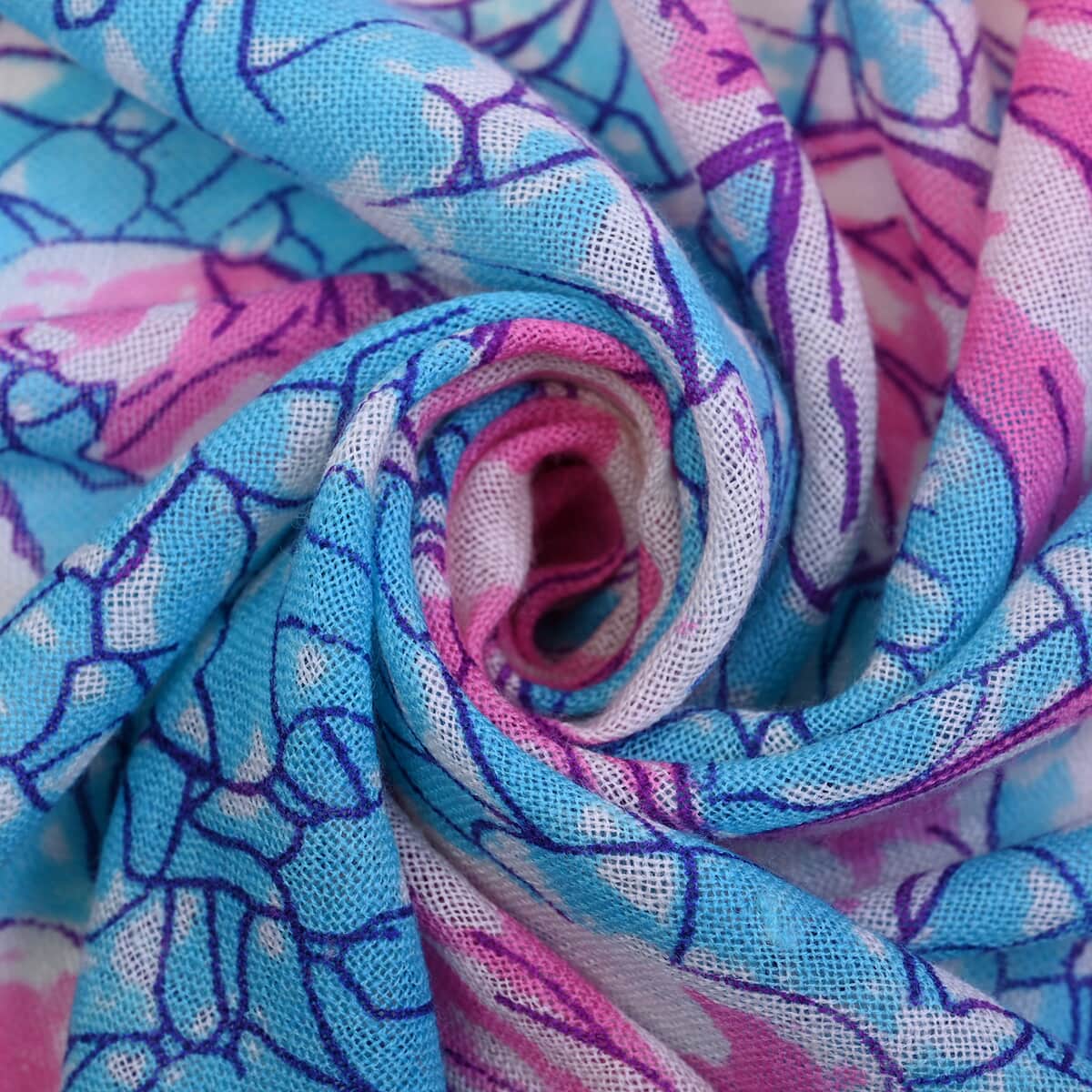 PASSAGE Light Blue with Fuchsia Print 100% Wool Scarf with Tassels image number 5