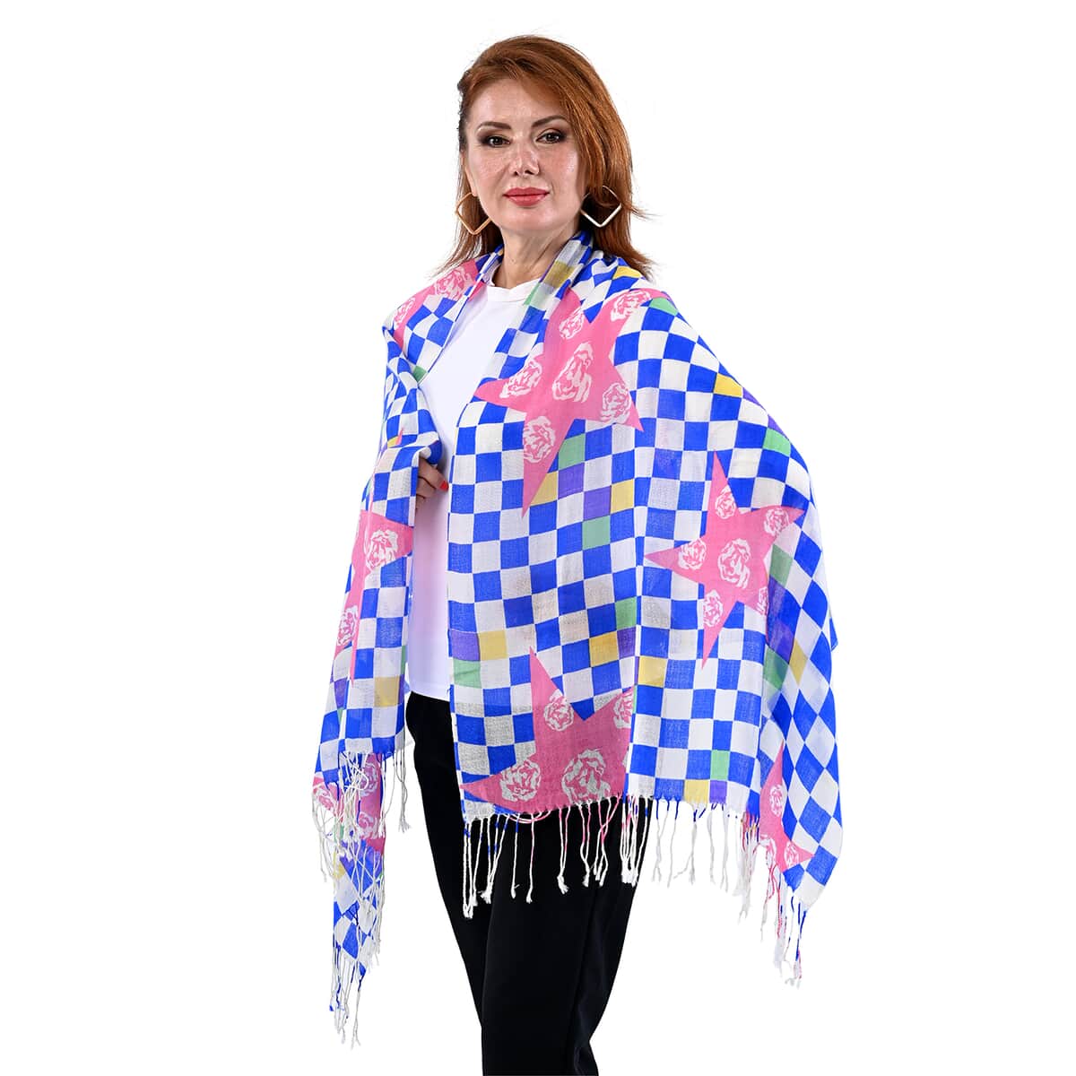Passage White with Blue Check Print 100% Wool Scarf with Tassels image number 2