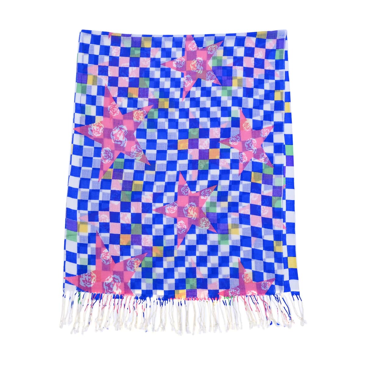 PASSAGE White with Blue Check Print 100% Wool Scarf with Tassels (26"x66") image number 3