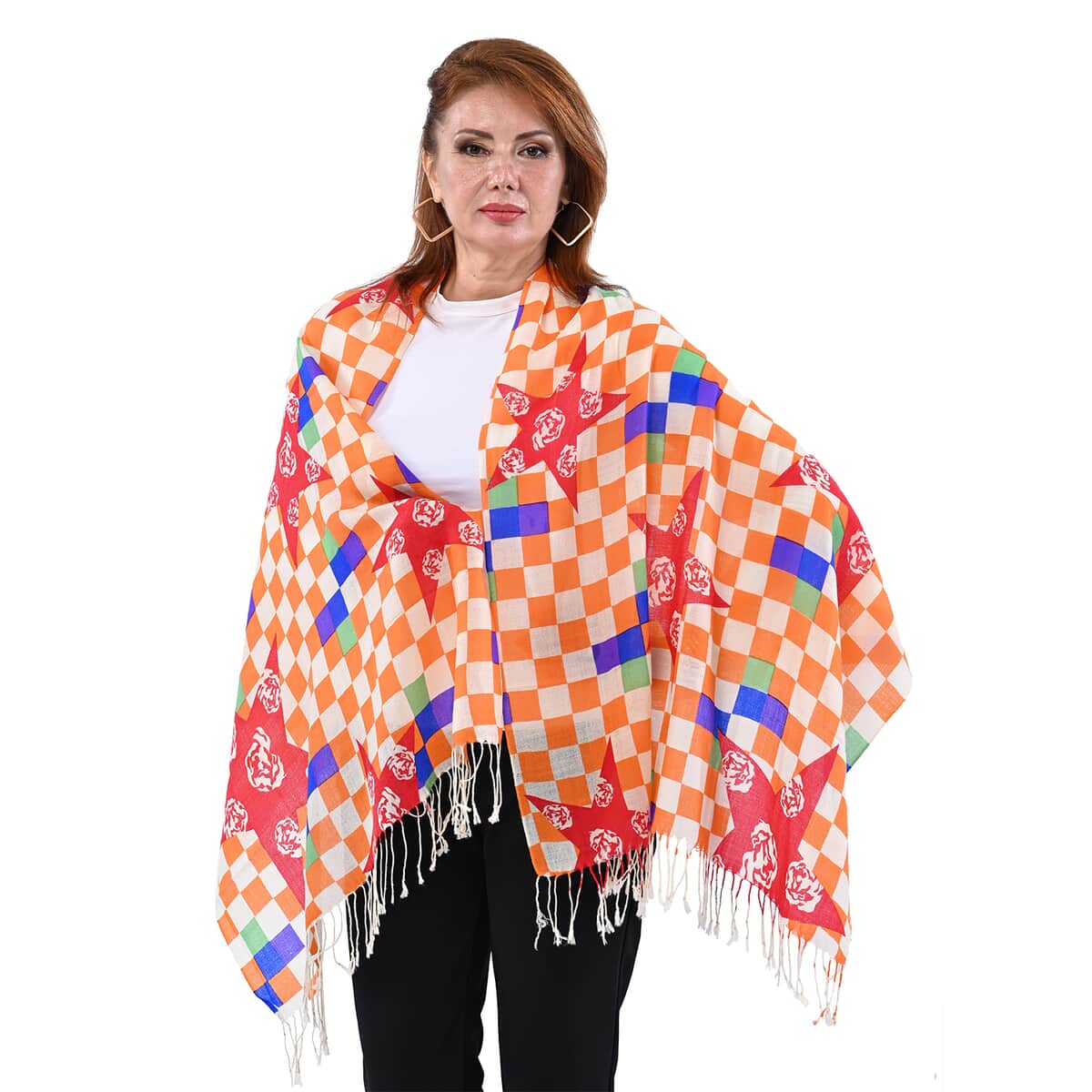 Passage Beige with Orange Check Print 100% Wool Scarf with Tassels image number 0