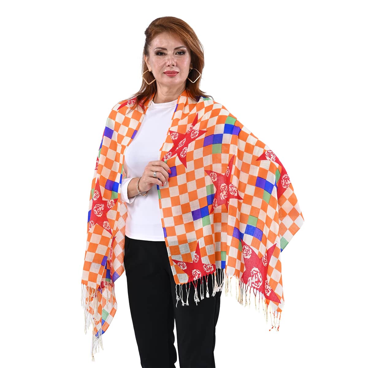 Passage Beige with Orange Check Print 100% Wool Scarf with Tassels image number 2