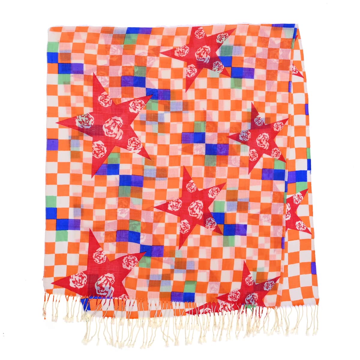 Passage Beige with Orange Check Print 100% Wool Scarf with Tassels image number 3
