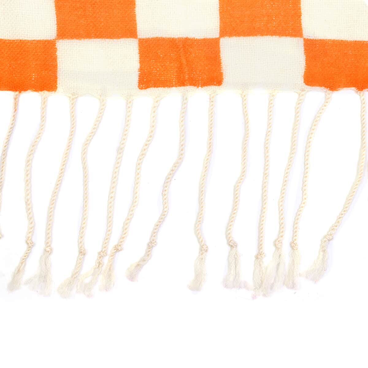 Passage Beige with Orange Check Print 100% Wool Scarf with Tassels image number 4