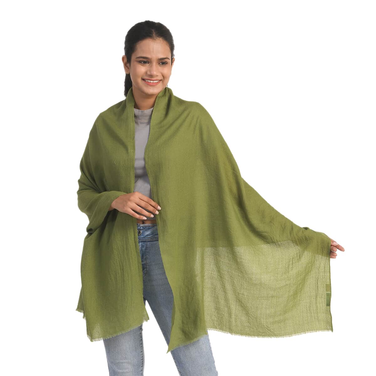100% Pashmina Cashmere Wool Designer LA MAREY Olive Green Scarf - (One Size Fits Most) image number 0