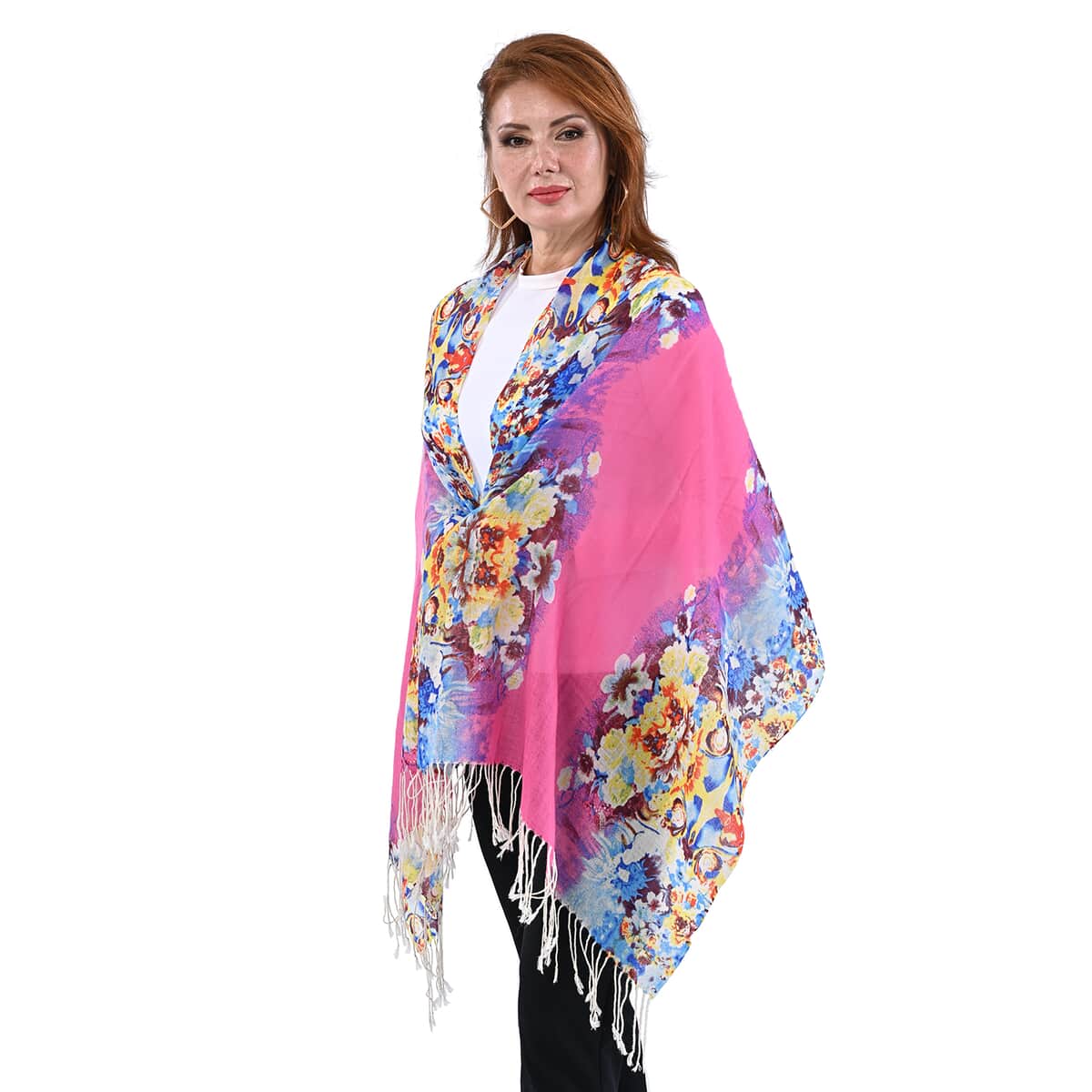 Passage Fuchsia Floral Print 100% Wool Scarf with Tassels image number 2