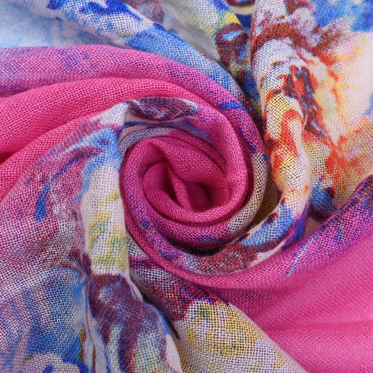 Passage Fuchsia Floral Print 100% Wool Scarf with Tassels image number 5