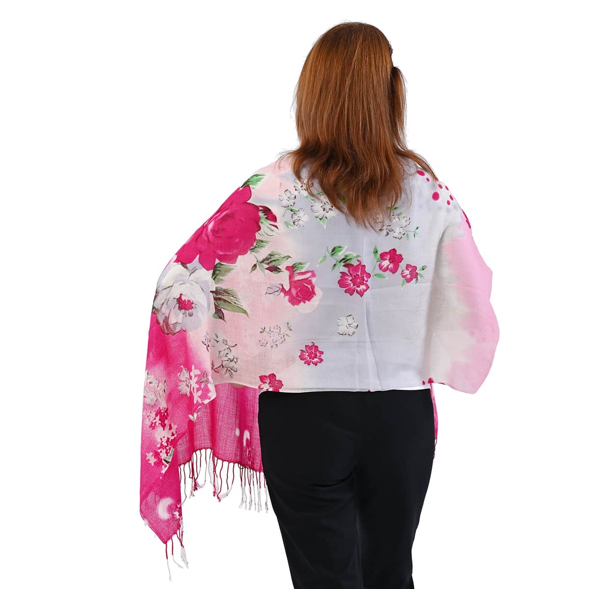 Passage Pink Floral Print 100% Wool Scarf with Tassels image number 1