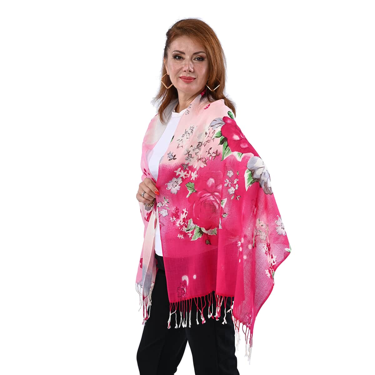 Passage Pink Floral Print 100% Wool Scarf with Tassels image number 2