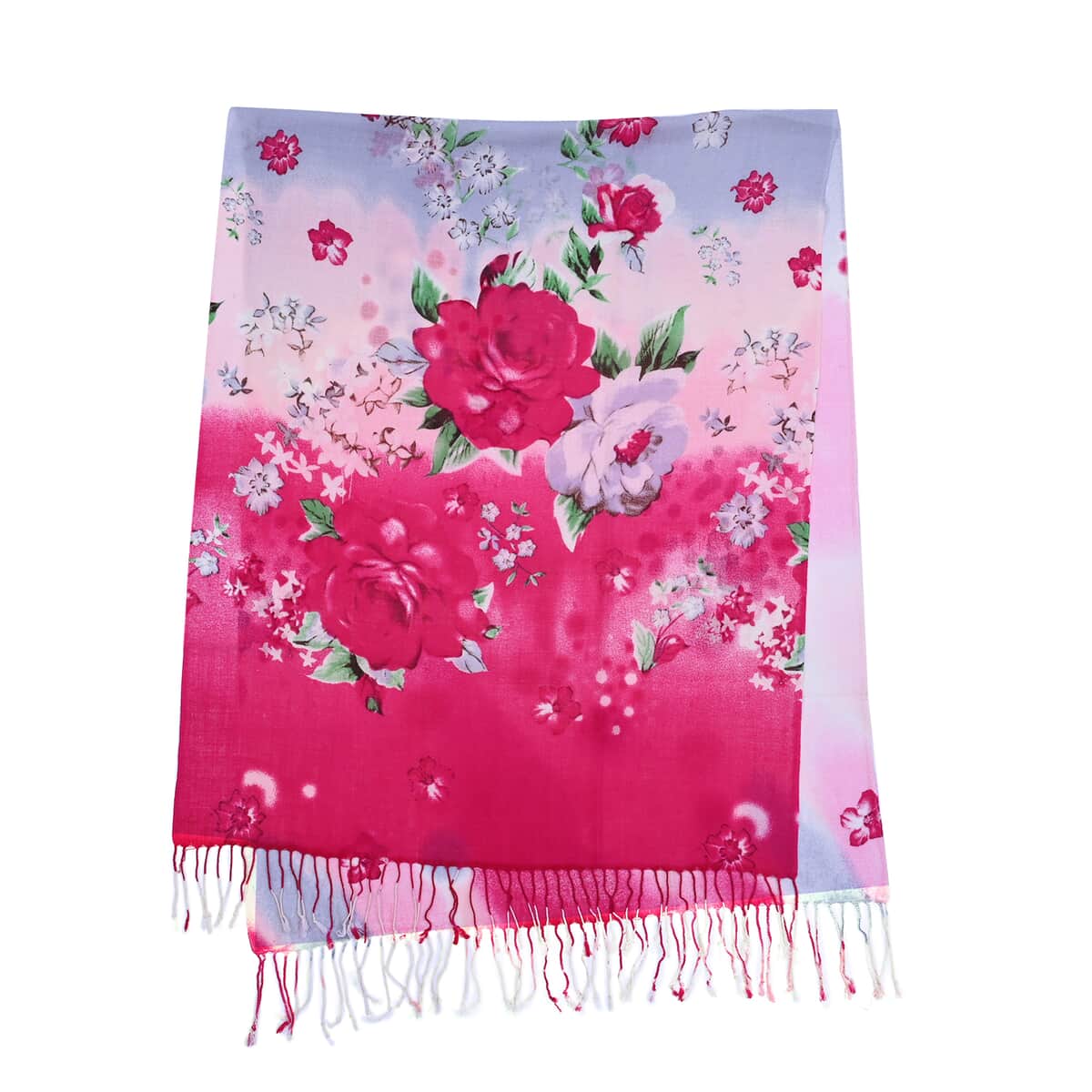 Passage Pink Floral Print 100% Wool Scarf with Tassels image number 3