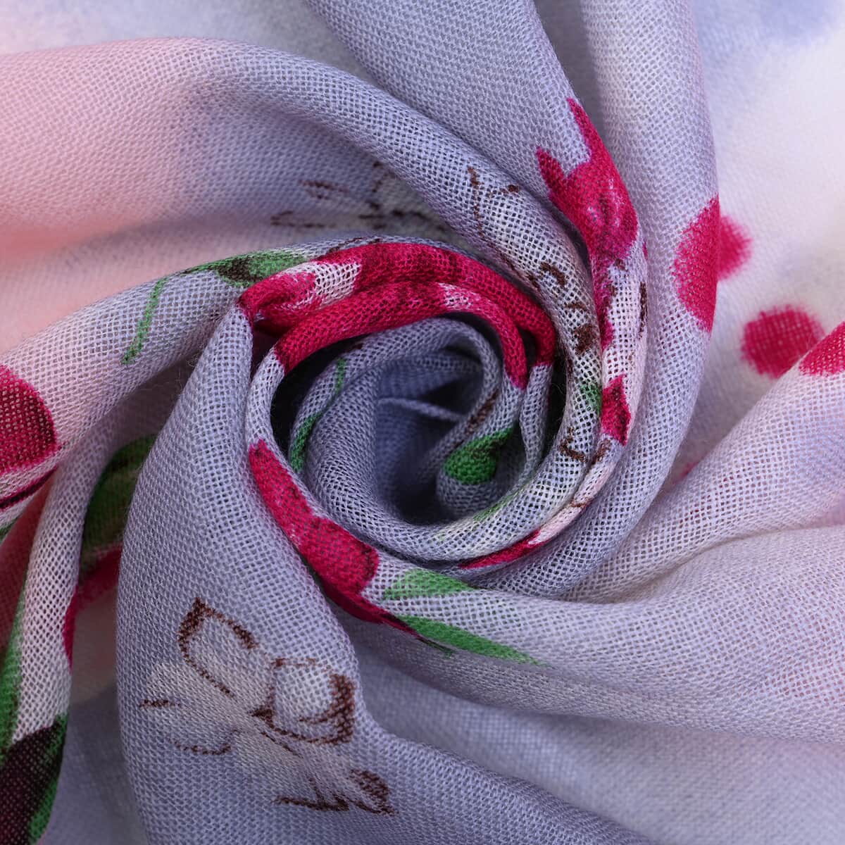 Passage Pink Floral Print 100% Wool Scarf with Tassels image number 5