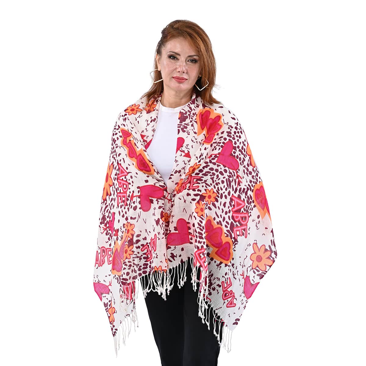Passage Beige with Red Heart Print 100% Wool Scarf with Tassels image number 0